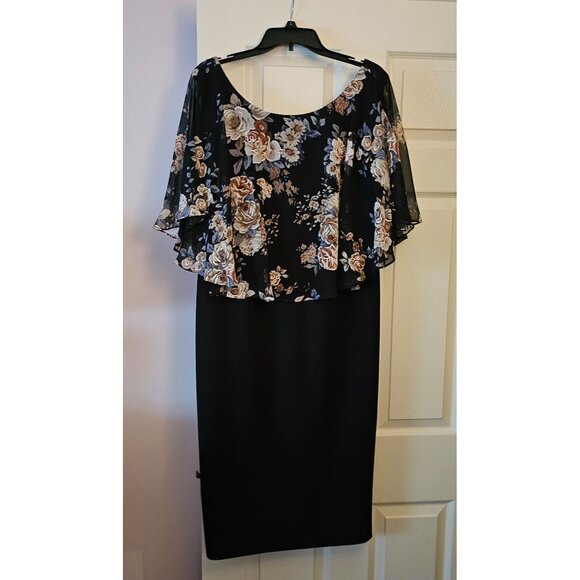 Floral Overlay Black Fit & Flare Dress By Connected Apparel Size 16 Tea Length - Picture 1 of 12